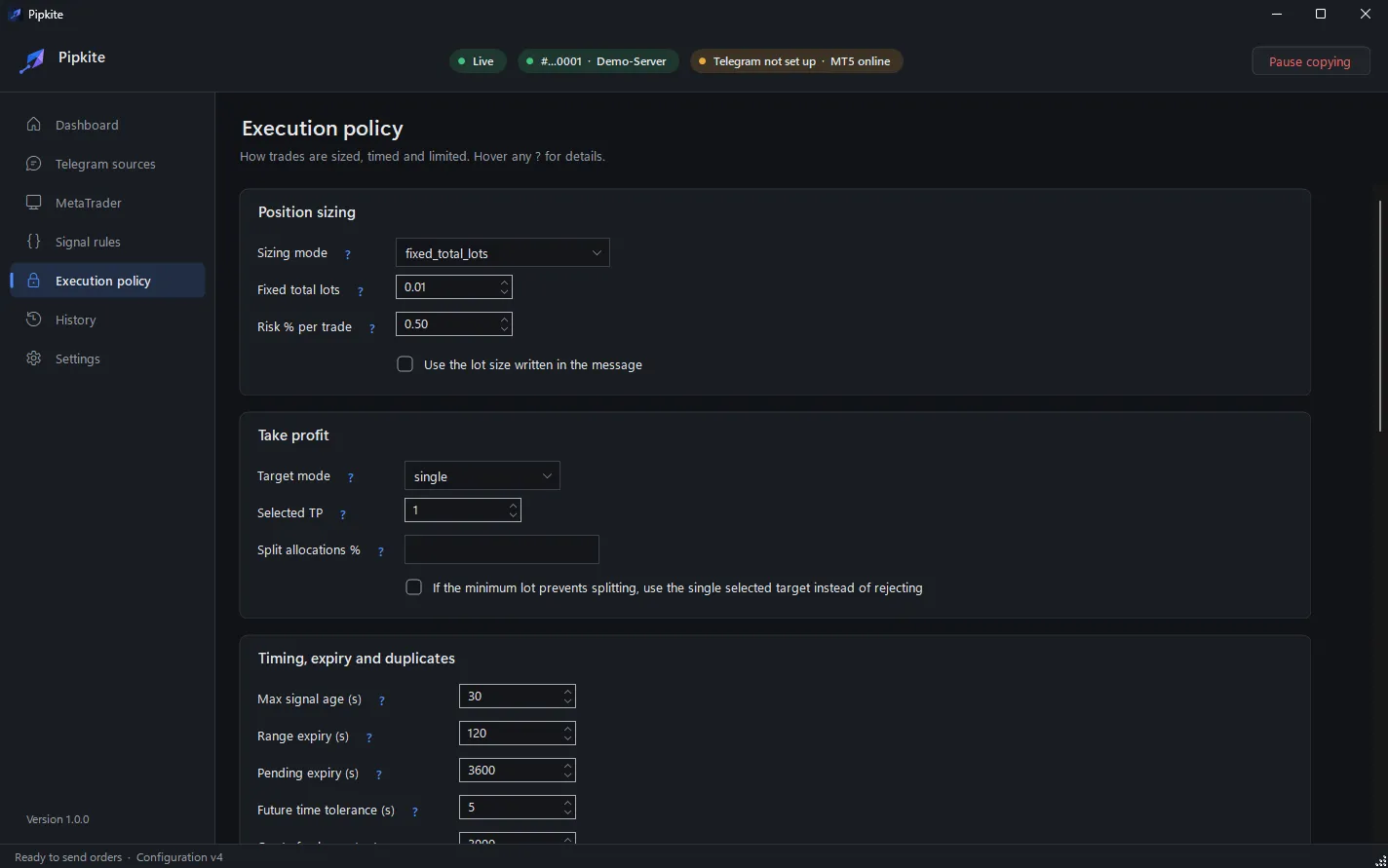 Pipkite Execution policy screen. Sizing, take-profit handling, timing and limits. Every option has a "?" that explains it.